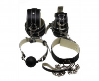 БДСМ набор: наручники, наножники, ошейник с поводком, кляп, чёрный, кожа